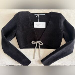 Alexander Wang Black V-Neck Cropped Cardigan with Rhinestone Bow